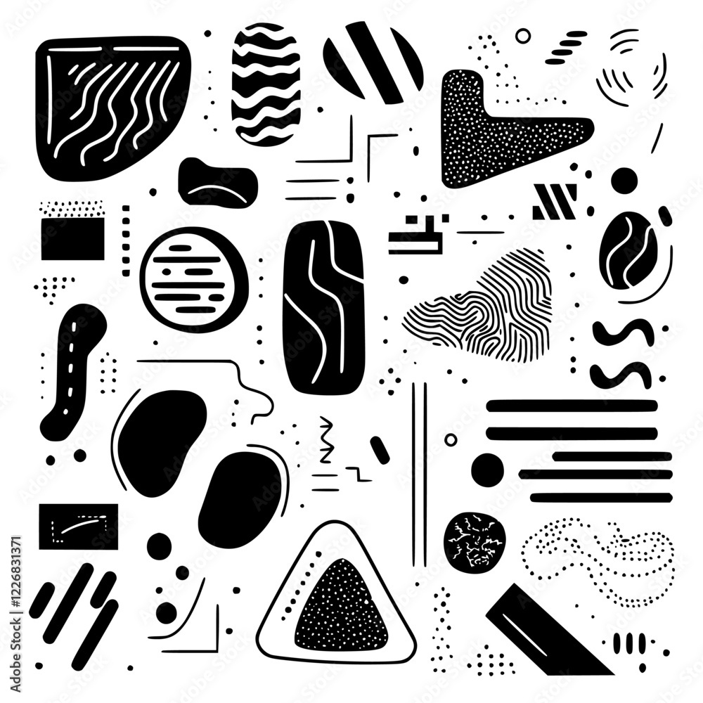 Poster abstract monochrome pattern with various shapes and lines in a minimalist design style