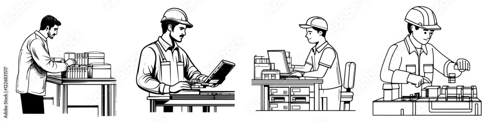 Poster multiple workers engaged in various tasks in a factory setting during the daytime