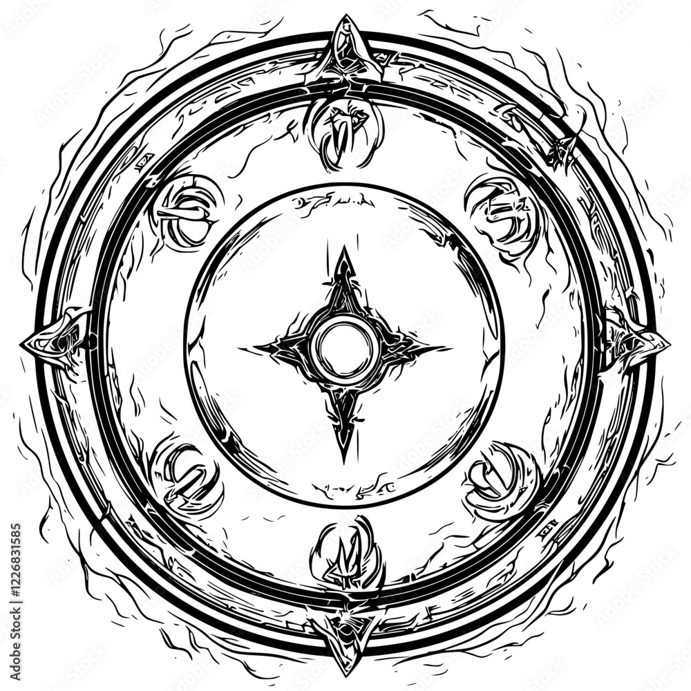 Poster detailed geometric design with circular motifs and intricate patterns on a plain background