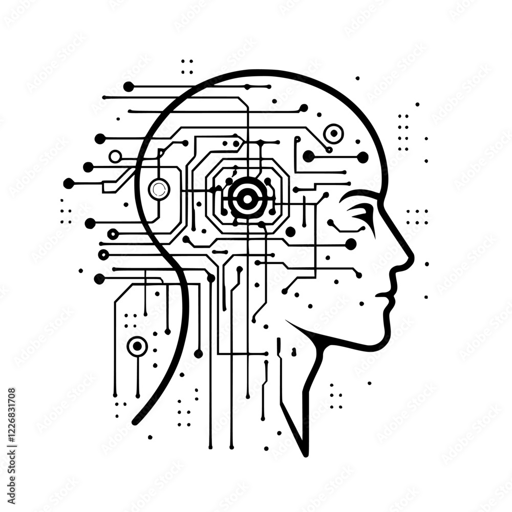Poster digital portrait of a human head with circuit patterns symbolizing artificial intelligence integrati