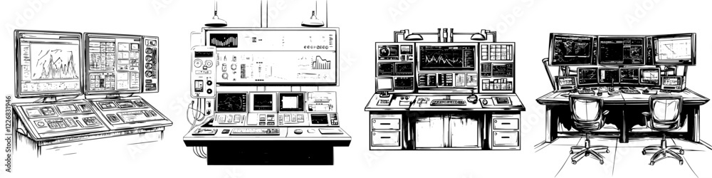Poster multiple technical command centers with advanced monitoring displays and control panels designed for