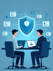 Businessmen Use Laptops To Access Databases Through Digital Identification Cards, Enhancing Cybersecurity With Virtual Screens And Digital Identities. 00001