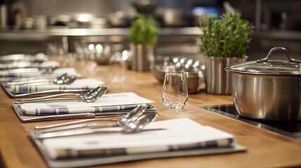 A clean table setup for a culinary class with neatly arranged utensils and recipe cards. digital