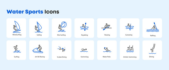 Water Sport Icon Windsurfing, Sailing, Kite Surfing, Kayaking, Rowing, Canoeing, Rafting, Surfing, Jet Ski Racing, Scuba Diving, Swimming, Water Polo, Artistic Swimming, Diving