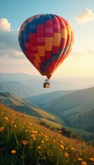Naklejka premium Serene hot air balloon drifting gently above rolling hills, gentle, balloon, cloud