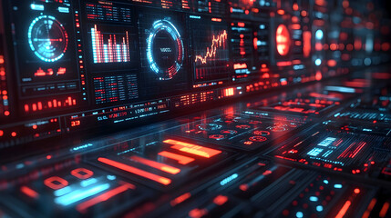 Futuristic digital interface with glowing red and blue graphs, charts, and data displays, representing advanced technology, analytics, and high-tech systems in a cyber environment