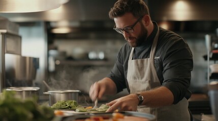 A professional chef preparing fresh ingredients in a commercial kitchen setting
