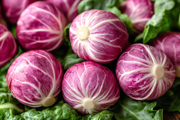 Radicchio heads nestled amongst vibrant green leaves
