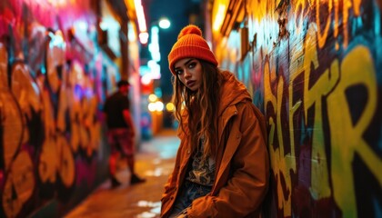 Obraz premium Young caucasian female in urban alleyway with vivid graffiti and neon lights at night