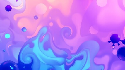 Abstract swirling fluid background with vibrant purple, pink, and blue hues featuring floating spheres and molecular structures.
