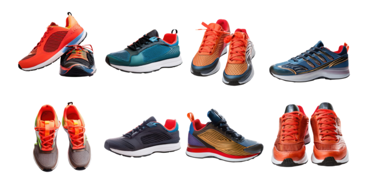 Collection of Colorful Athletic Sneakers on Transparent Background
