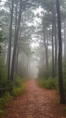 Obraz premium A foggy forest path with tall pine trees shrouded in mist, creating a serene atmosphere