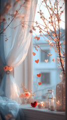 Valentines day romantic window decoration with lights and red hearts. Vertical banner for instastory or reel