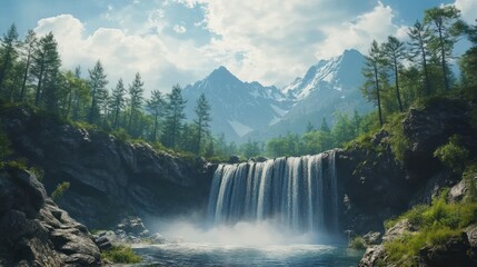 Fototapeta premium Majestic Waterfall Cascading into Serene Mountain Lake