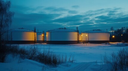Industrial Tanks Surrounded by Snow at Dusk