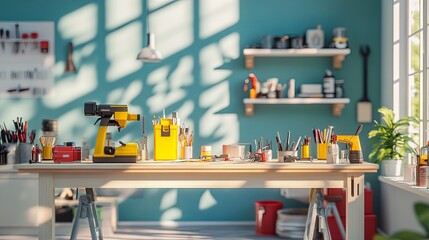 A clean workbench featuring organized tools and building materials in a bright studio. digital