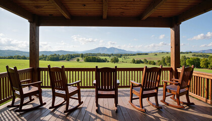 Fototapeta premium Scenic porch with rocking chairs overlooking green mountains