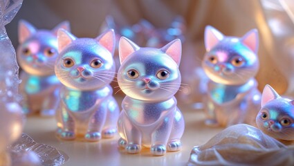 Fototapeta premium Iridescent Cat Figurines Grouped Together on Cream Background with Soft Light