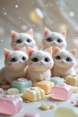 Fototapeta premium Five Adorable White Kittens With Pastel Candy Treats In Whimsical Soft Focus Setting