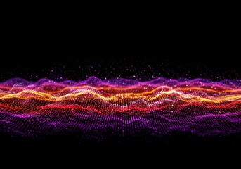 Vibrant, flowing waves of color and light trails across a dark background. Ethereal, digital, energetic, and abstract