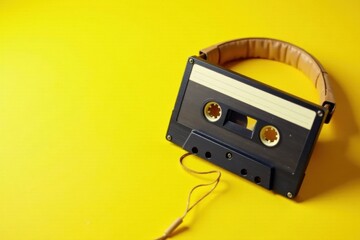 Obraz premium A vintage audio cassette tape rests beside stylish headphones on a vibrant yellow background, symbolizing the nostalgic charm of analog music technology