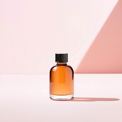 A beautifully crafted bottle of skincare serum with a sleek, minimalist design, showcasing a glossy label that reflects elegance. The bottle is centered against a soft pastel pink backdrop, creating