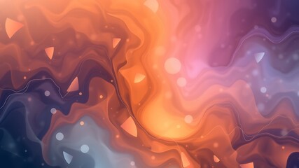 Abstract swirling fluid art background with warm orange, purple, and blue hues, featuring subtle glowing particles and triangular shapes.