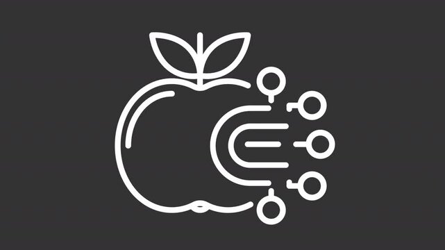 Internet of food white line animation. Animated apple and circuit connections icon. Technologies on food production. Isolated illustration on dark background. Transition alpha video. Motion graphic