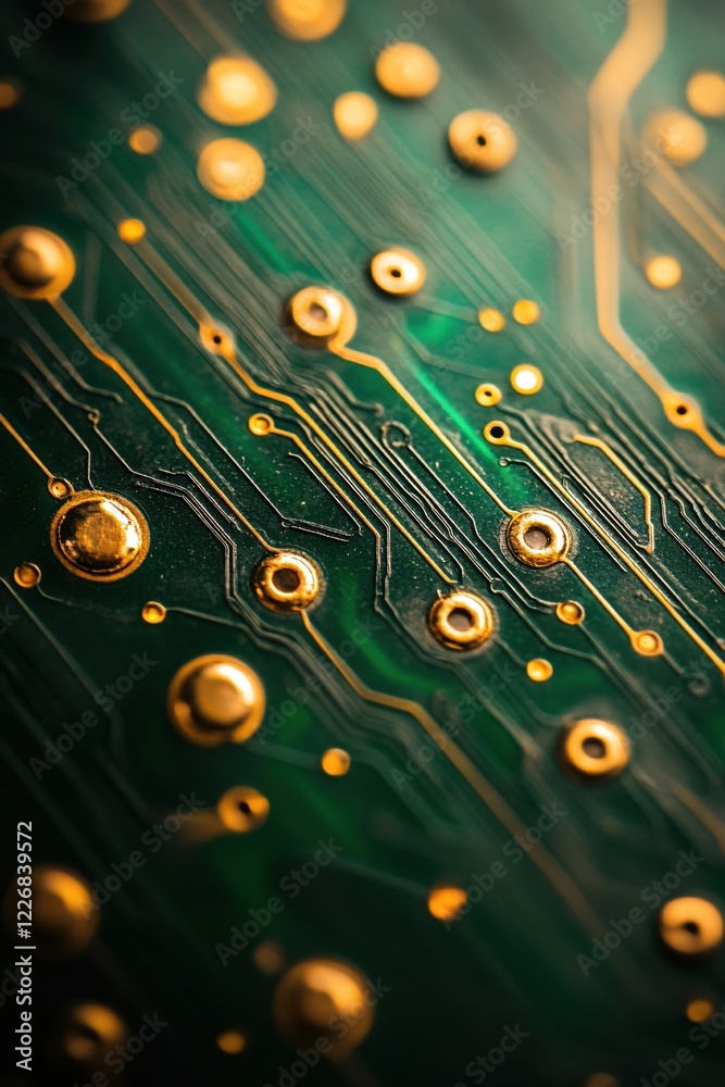 Poster golden electronic circuit board detail showing intricate connections and pathways in macro view