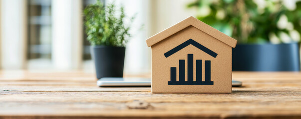 A small model house with a growth graph symbolizes real estate investment and market trends on a wooden desk surrounded by plants.