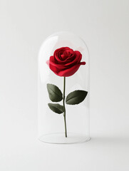 Hand holding red rose in clear vase against white background