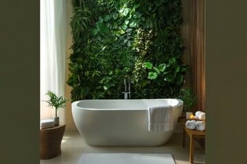 Fototapeta premium A luxury bathroom with a view of a vertical garden, featuring eco-friendly fixtures and minimalist design.