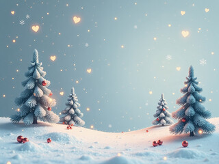 A Serene Winter Landscape Features Xmas Trees, Glowing Hearts, And Snowflakes Amidst A Festive Holiday Backdrop Of Soft, Ethereal Hues. 00001