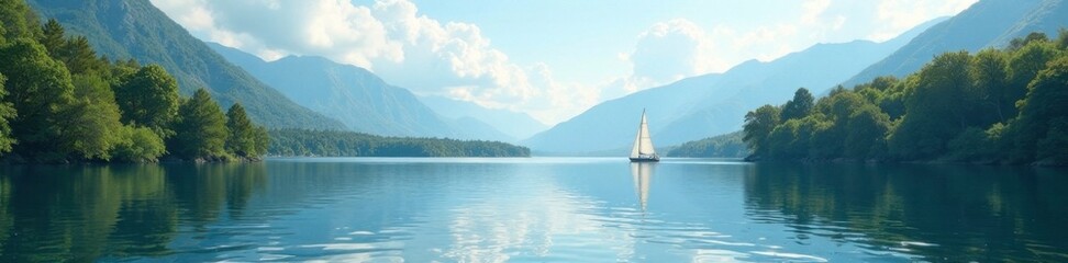 Serene lake landscape with sailboat in the distance, sailboat in lake, serene