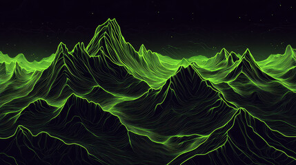 A vector art of a black mountain range with neon green lines cutting through the peaks, giving a surreal, otherworldly vibe 