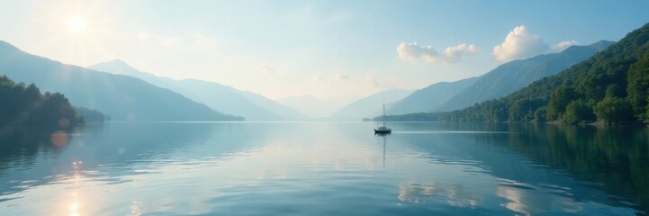 Serene lake landscape with sailboat in the distance, serene, stillness, nature