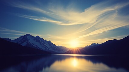 Serene sunset over snow-capped mountains and a calm lake, a breathtaking natural landscape scene,