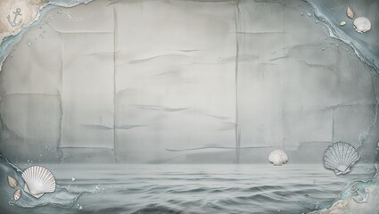 Serene seaside scene with seashells and water on aged paper background peaceful mood