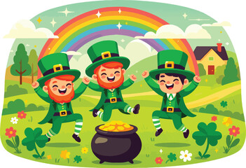 Obraz premium Three cheerful leprechauns dressed in traditional green outfits with tall hats, dancing around a pot of gold at the end of a rainbow. Include shamrocks and a vibrant countryside background 
