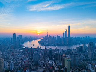 Aerial View of Shanghai skyline at sunrise with the Winding River