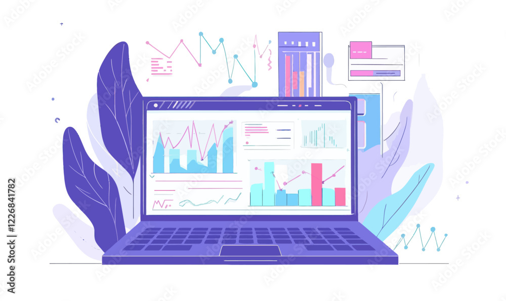 Poster minimalist vector of laptop with data visualization charts and graphs for business analytics
