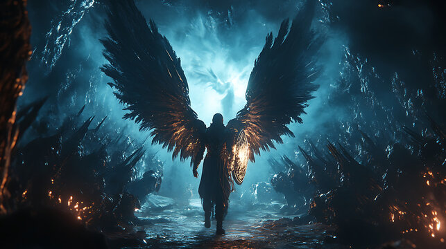 A warrior angel with massive glowing wings, holding a shining shield, standing fearlessly before a horde of dark, menacing entities retreating into the abyss. 