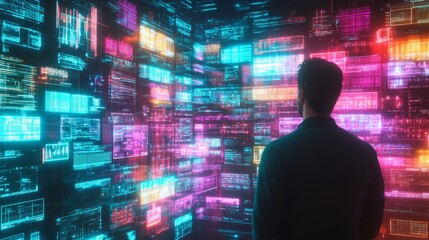 Fototapeta premium A character stands in front of a colorful and chaotic phone interface, struggling with information overload, digital burnout concept