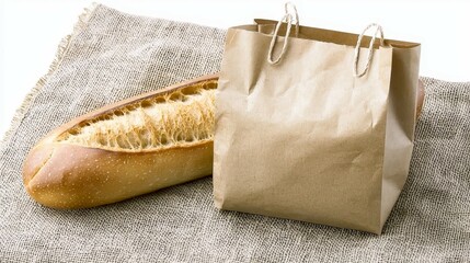 Naklejka premium Famous Food of French concept. Freshly baked bread beside a paper bag on a textured surface.