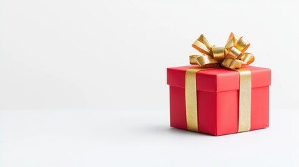 Obraz premium Red gift box with gold ribbon on white background; ideal for holidays or celebrations