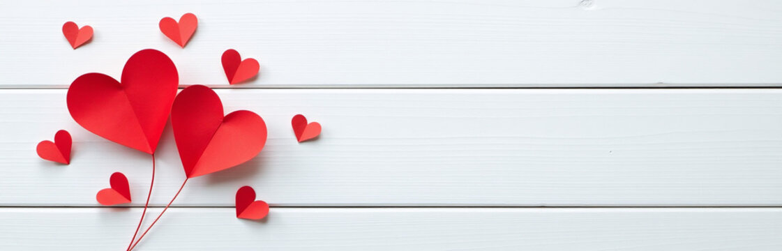 A Minimalist Design Features Small Red Paper Hearts Against A White Wooden Background, Ideal For A Postcard Or Love Message. 00002