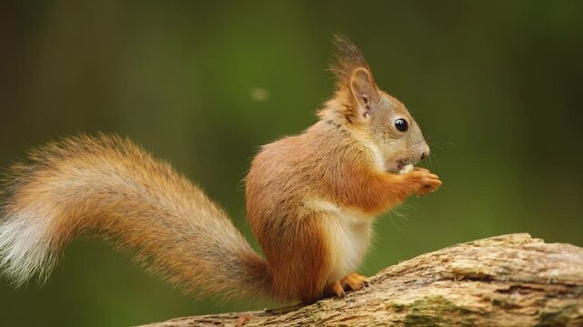 Red squirrel (Sciurus vulgaris) perched on dead trunk of tree and eating nuts.
