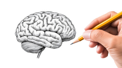Isolated Hand Drawing a Brain with Yellow Pencil
