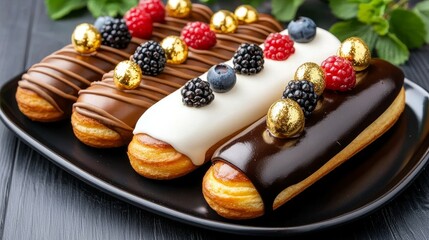 Famous Food of French concept. Delicious eclairs topped with berries and golden decorations on a dark platter.