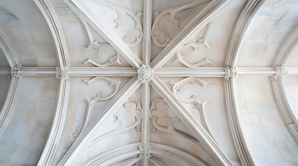 A close-up of a vaulted ceiling with ornate details and symmetrical design.